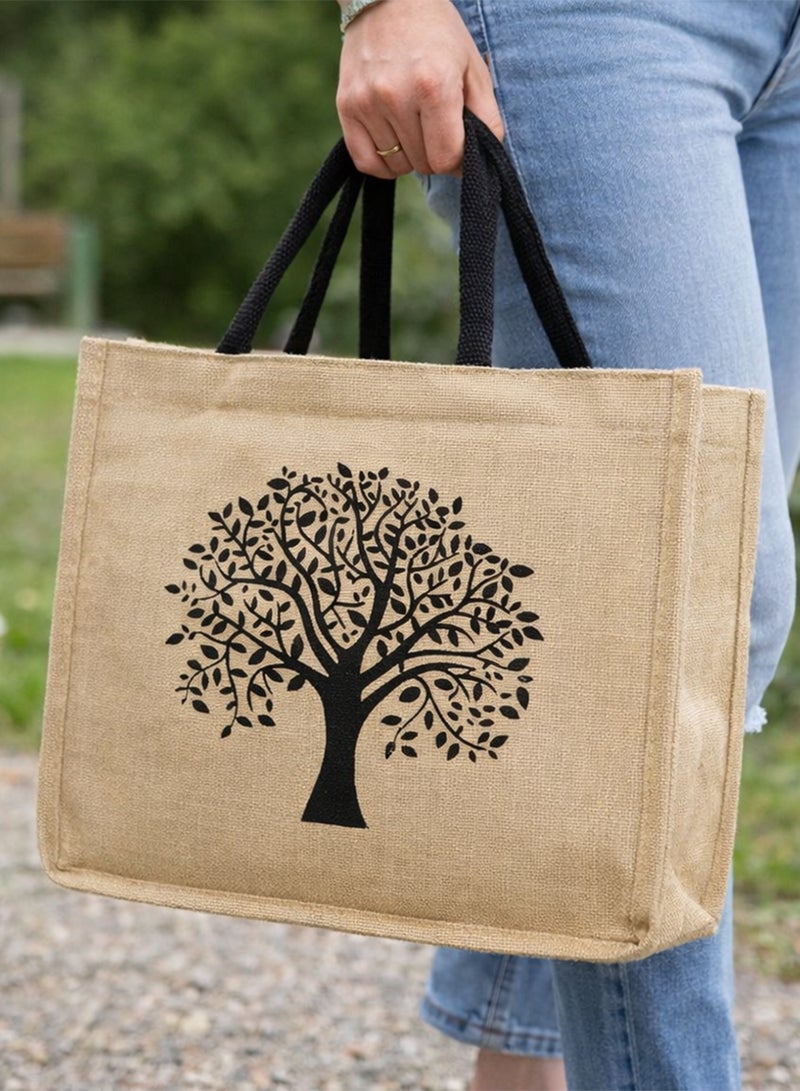 توشيونيكس حقيبة تسوق من الجوت صديقة للبيئة (34×31×12 سم) - حقيبة تسوق وحمل غداء قابلة لإعادة الاستخدام بمقابض متينة، حقيبة هدايا كبيرة من الخيش الطبيعي، حقيبة يد يومية للمكتب والبقالة بنقشة شجرة - Image 3